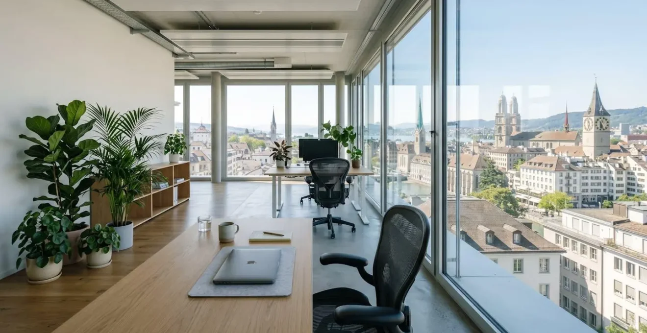 Weitwinkelaufnahme eines hellen, minimalistischen Büroraums mit geschlossenem Laptop auf weissem Schreibtisch, grüne Zimmerpflanzen links, Fenster mit Blick auf Zürcher Stadtarchitektur im Hintergrund, keine Personen im Vordergrund