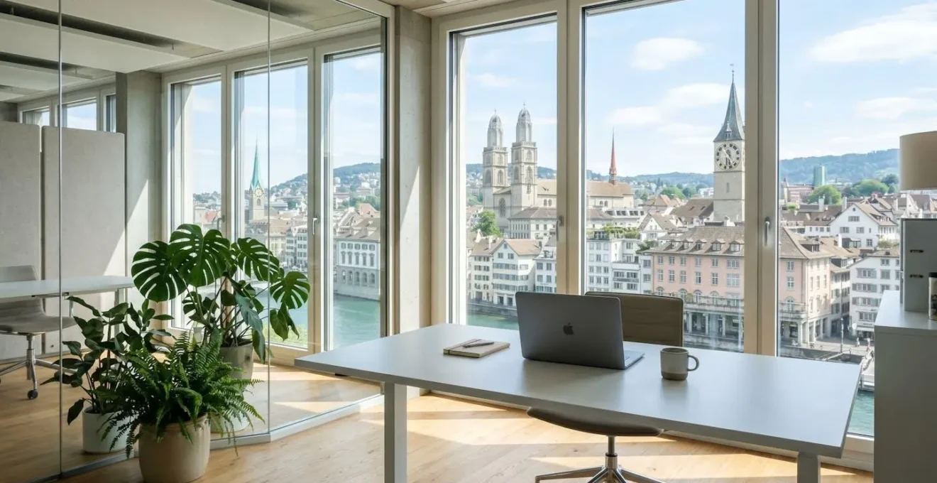 Weitwinkelaufnahme eines hellen, minimalistischen Büroraums mit geschlossenem Laptop auf weissem Schreibtisch, grüne Zimmerpflanzen links, Fenster mit Blick auf Zürcher Stadtarchitektur im Hintergrund, keine Personen im Vordergrund