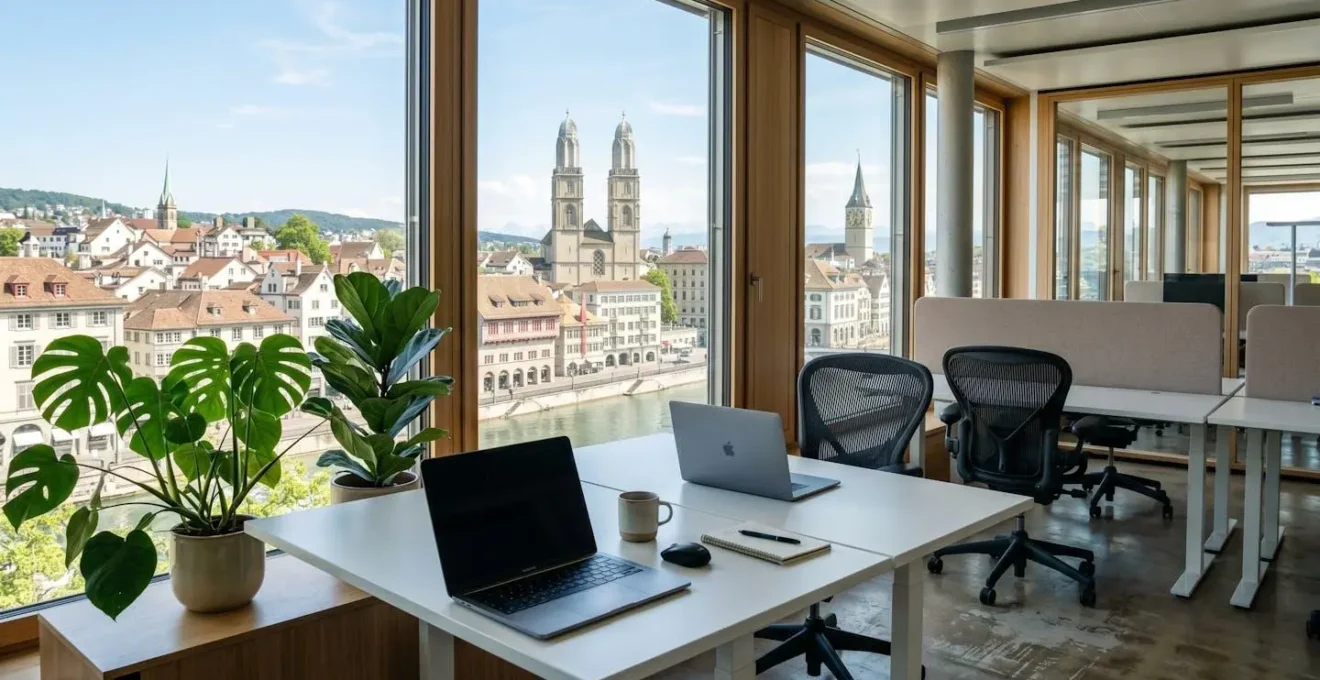 Weitwinkelaufnahme eines hellen, minimalistischen Büroraums mit geschlossenem Laptop auf weissem Schreibtisch, grüne Zimmerpflanzen links, Fenster mit Blick auf Zürcher Stadtarchitektur im Hintergrund, keine Personen im Vordergrund