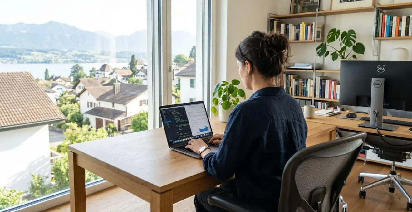 Person von hinten beim Arbeiten an einem Laptop in modernem Schweizer Homeoffice mit natürlichem Lichteinfall