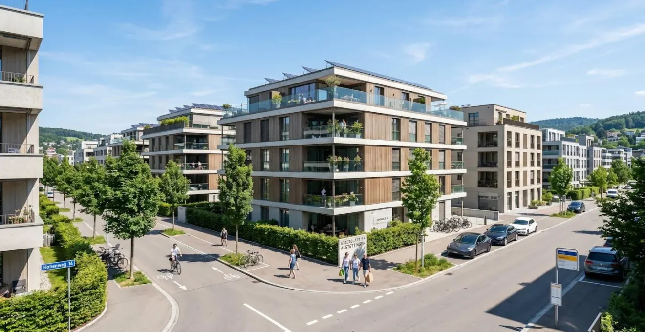 Modernes Wohnquartier mit zeitgenössischen Mehrfamilienhäusern in heller Schweizer Stadtumgebung unter klarem Tageslicht