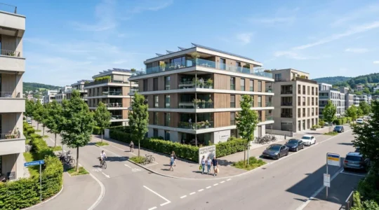 Modernes Wohnquartier mit zeitgenössischen Mehrfamilienhäusern in heller Schweizer Stadtumgebung unter klarem Tageslicht