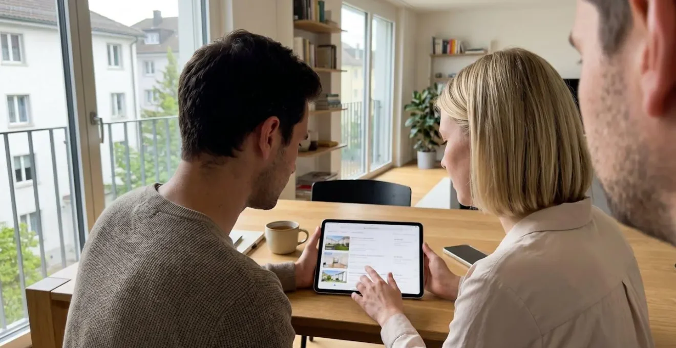 Zwei Personen sitzen an einem modernen Esstisch und betrachten gemeinsam eine Tablet-Anzeige mit unscharfer Benutzeroberfläche, helles Tageslicht durch grosse Fenster im Hintergrund