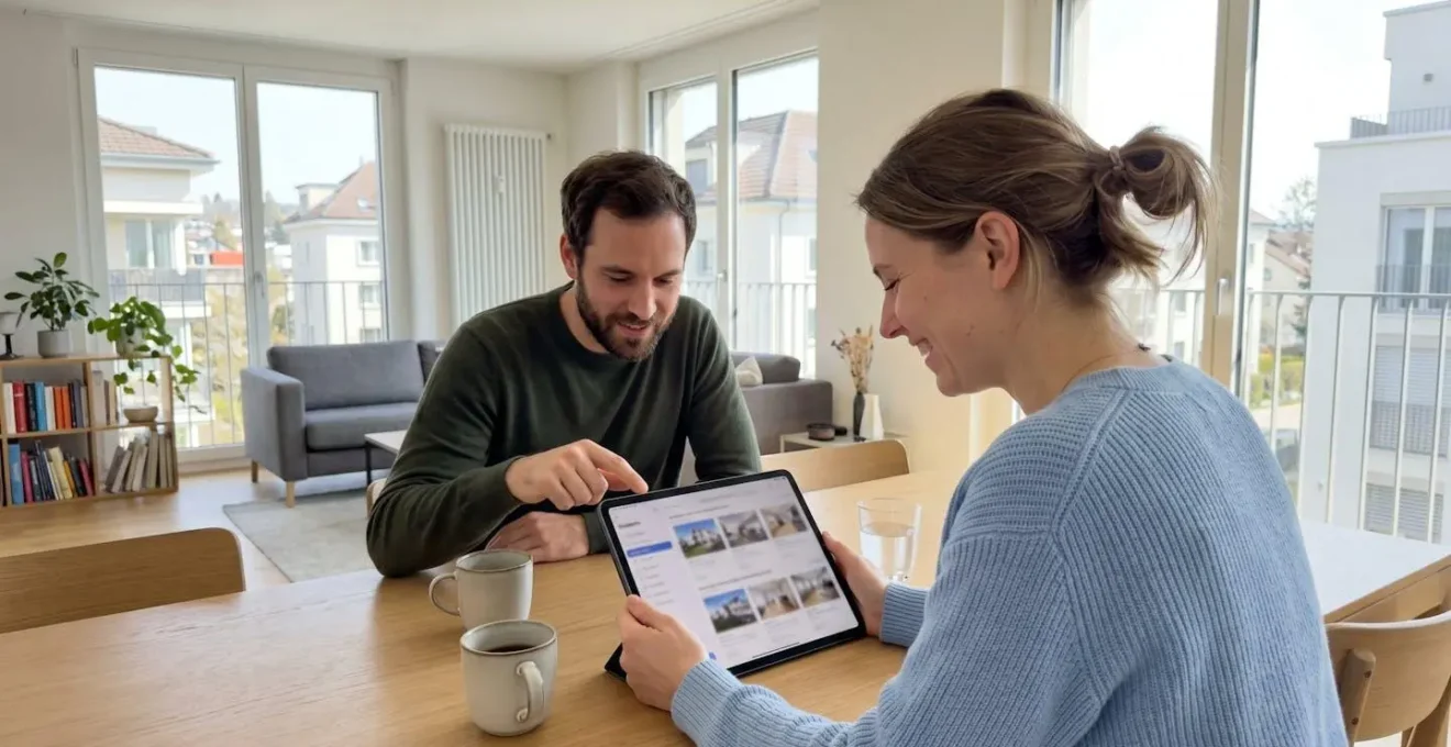 Zwei Personen sitzen an einem modernen Esstisch und betrachten gemeinsam eine Tablet-Anzeige mit unscharfer Benutzeroberfläche, helles Tageslicht durch grosse Fenster im Hintergrund