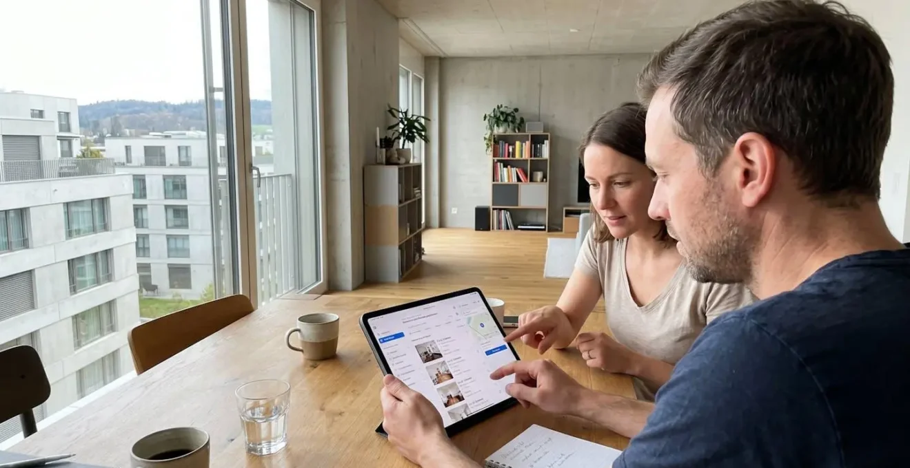 Zwei Personen sitzen an einem modernen Esstisch und betrachten gemeinsam eine Tablet-Anzeige mit unscharfer Benutzeroberfläche, helles Tageslicht durch grosse Fenster im Hintergrund
