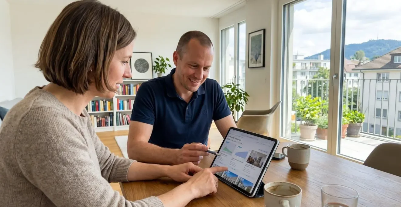 Zwei Personen sitzen an einem modernen Esstisch und betrachten gemeinsam eine Tablet-Anzeige mit unscharfer Benutzeroberfläche, helles Tageslicht durch grosse Fenster im Hintergrund