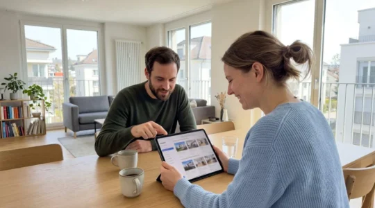 Zwei Personen sitzen an einem modernen Esstisch und betrachten gemeinsam eine Tablet-Anzeige mit unscharfer Benutzeroberfläche, helles Tageslicht durch grosse Fenster im Hintergrund